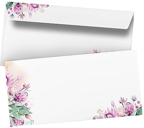 50 Briefumschläge DIN Lang | Rosa Blumen und Blüten | selbstklebend ohne Fenster | Brief-Umschlag mit Design-Motiv bedruckt | 90 g/m²