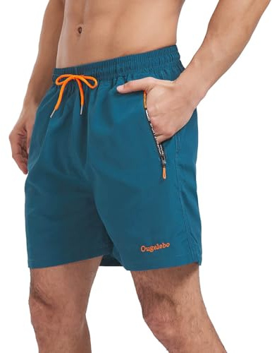 Ougelebo Badehose Herren Badeshorts Herren Kurz Schnelltrocknend Männer Schwimmhose Schwimmshort Herren mit Reißverschluss Swimming Shorts Men Pfauenblau 3XL
