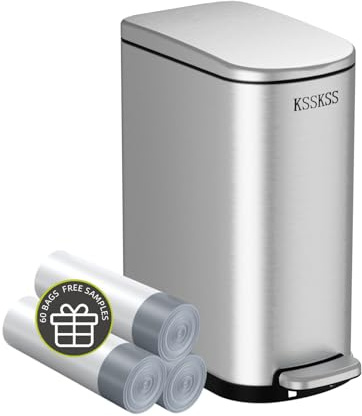 KSSKSS 2.6 Gallon Slim Bathroom Trash Can with Soft Close Lid, 10L Stainless Steel Garbage Can with Removable Liner Bucket, for Narrow Spaces,Bathroom, Bedroom (Silver)