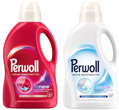 PERWOLL Flüssig-Set 2x 27 Waschladungen (54WL) 1x Color & 1x White, Feinwaschmittel-Set reinigt sanft und erneuert Farben/Weiß und Fasern, Waschmittel mit Dreifach-Renew-Technologie