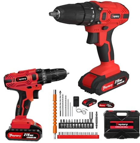 Electric Screwdriver 21V Cordless Battery Drill with 2 Batteries, 2 Variable Speed 0-400/0-1400rpm, 29pcs Electric Screwdriver Set, LED Work Light, 3/8 Chuck, 25+1 Torque Setting, Red