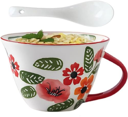 FülleMore 600ml große Frühstückstasse Müslitasse mit Henkel Müslibecher Kaffeebecher mit Löffel Salat Schale Porzellan Joghurtbecher Keramiktasse Geschenk für Oma Mutter Freundin (Rot)