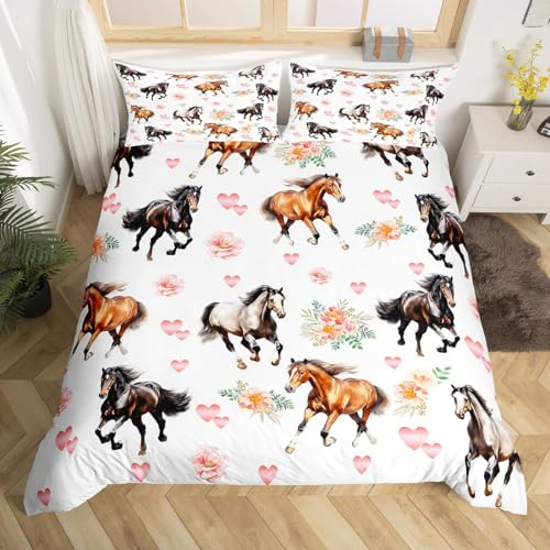 Homemissing Girls Horse Bedding Set Double Size, Pink Floral Horse Comforter Cover Kids Flower Cute Horse Duvet Cover Galloping Horse Bedspread Cover 3Pcs Bedclothes