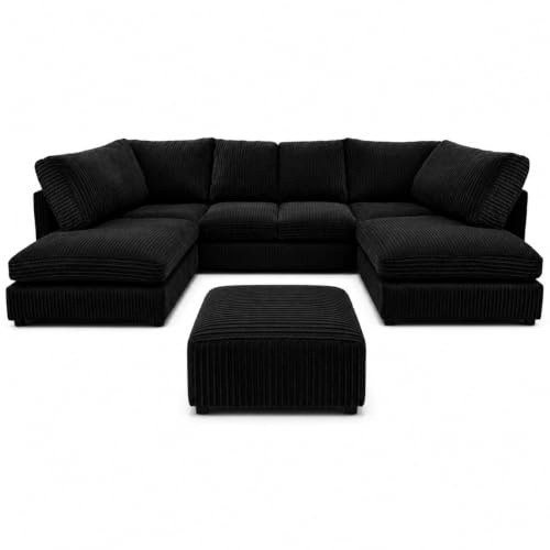 U shape Sofas - Jumbo Cord Sofas for Living Room with Thick Luxury Fixed back rest Cushioning | Sectional Couches Lounge Sofa Black U Shape, Free Foot Stool and Installation