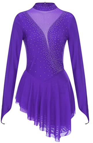 iiniim Vestido Patinaje Artistico Mujer Manga Larga Encaje Maillot de Ballet Danza Leotardo Gimnasia con Falda Traje Bailarina Elegante Morado B M