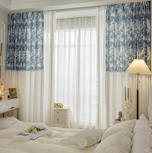 Bishilin Vorhänge mit Ösen 2er Set, Gardinen Lichtdurchlässig Blau Weiß Verbinden mit Blumen Motiv Französisch 137x214CM Vorhänge Halbtransparent Wohnzimmer Schlafzimmer Kinderzimmer