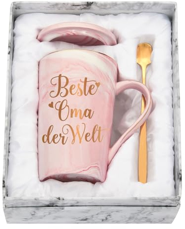 Diztoud Oma Geschenk Weihnachten, Beste Oma der Welt Kaffeetasse, Geschenke für Großmutter, Weihnachtsgeschenke, Geburtstagsgeschenk, 400ML Rosa Keramik Marmorbecher mit Deckel Löffel und Geschenkbox