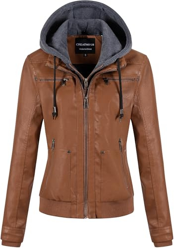 CREATMO US Damen Kunstleder Jacke Wasserdicht Motorrad Bomberjacke Vintage PU Moto Biker Mantel mit Abnehmbarer Kapuze, Braun, X-Large