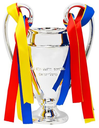 YYDSTES Réplique Trophée de la Ligue des Champions,Trophées des Champion d'europe De Football avec 3 éVentails De Rubans De Couleur Décorations pour La Maison Collection Ornements D'affichage,15cm