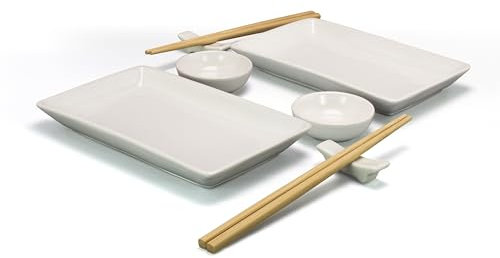 ZENVY Ceramic Sushi Plate Set - 8 Piece Japanese Style Dinnerware Set with 2 Rectangular Plates, 2 Dipping Dishes, 2 Pairs of Chopsticks & Stands