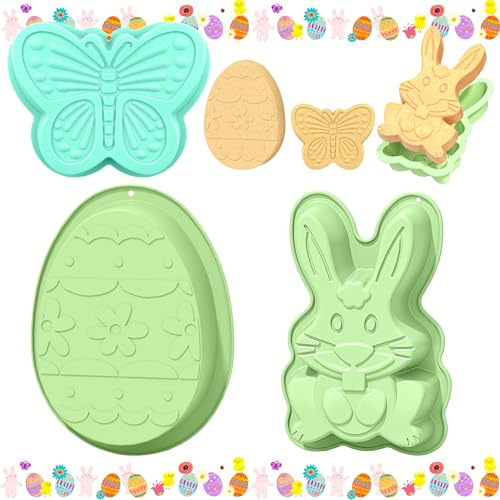 GreenYeah 3 Stück Ostern Silikon Schokoladenformen, Oster Backform Silikon, Pralinenform Silikon Ostern, 3D Backen Silikonform Ostern Hase und Ostereier Schmetterlinge für Cupcake Schokolade (A)