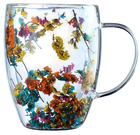 Duroecsain Tazas de café de vidrio de doble pared con flores secas, 350 ml tazas de café de vidrio aislado con asa, tazas de café transparentes para capuchino, espresso, café con leche, té, gafas
