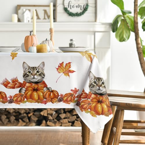 Mode Artoid Nappe d'automne motif chat feuilles d'érable écharpe citrouilles, 140 x 220 cm, protection contre les taches, linge de table, cuisine, décoration de fête