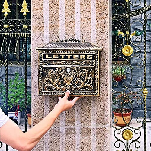 MLLXUXANCC Letter Box Outdoor Vintage Mailbox Brass Metal Distressed Wall Mounted Post Box Locking Rust-Proof Vertical for Curbside Rural Porch