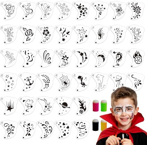 EAPIKON 42 Plantillas Pintacaras con 4 Esponjas de Dedo, Plantilla Pintura Faciales Cara para Niños Adulto, Stencil Ojos Infantil Reutilizables para Halloween Fiestas de Maquillaje Carnaval