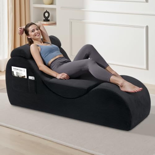 Yoga Chair Lounge for Adult, Ergonomic Chaise Lounge Chair with Side Pocket, Headrest, Waist Pad, Perfect for Stretching, Massage, and Relaxation, Used in Living Room, Bedroom(Black)