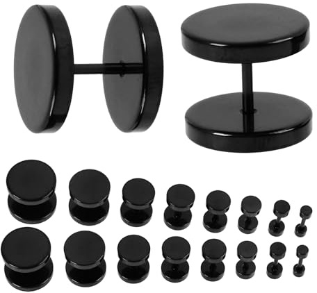 8 Paires de Boucles d'Oreilles Noires pour Hommes et Femmes, Ensemble de Faux Plugs et Haltères en Acier Inoxydable Hypoallergénique, Tailles de 3mm à 12mm, Idéal pour Toutes Occasions