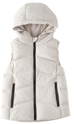 Gilet invernale per bambine con cappuccio, giacca calda e spessa senza maniche per bambini piccoli, cappotto trapuntato con cerniera (White, 5-6 Years)