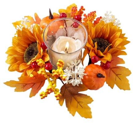 Fall Candle Rings Wreaths - Candlestick Holder 2.95 Inch Center,Fall Taper Candle Rings - for Autumn Thanksgiving Christmas Holiday Wedding Home Kitchen Cabinet Table