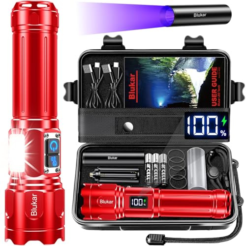 Blukar Lampe Torche 2 Couleurs Ultra Puissante avec Éclairage Latéral COB | Lampe de Poche LED Rechargeable, 7 Modes, Longue Durée 5000mAh, Zoomable, IP67 Étanche Torche pour Camping/Randonnée,Rouge