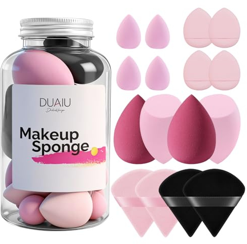 DUAIU 16 PCS Makeup Sponges Set, Beauty Blenders & Powder Puffs for Foundation, Cream, Powder, Face Makeup Sponge Kit with Blender, Triangle Puff and Mini Make up Sponges for Wet Dry Use (Pink)