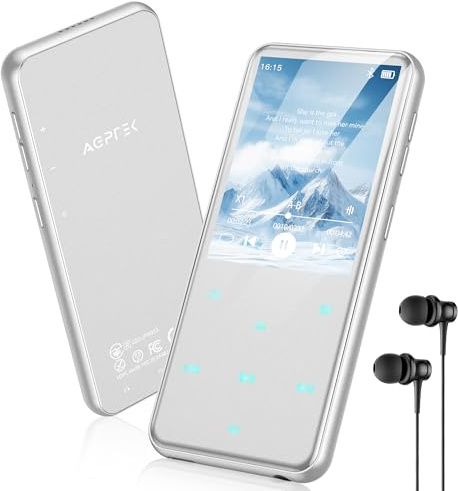 AGPTEK 64Go MP3 Bluetooth avec Haut-Parleur, 2.4 Grand Écran Lecteur MP3 en Métal Qualité Sonore HiFi Audio MP4 Baladeur Sport de Bouton Tactile Radio FM Podomètre Enregistreur 60H de Musique-Argent