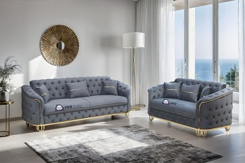 SofaHeaven - Turkish Chesterfield Plush Velvet Fabric 3+2 Seater Sofa - Convert the Back Seats for Extra Space (Grey)