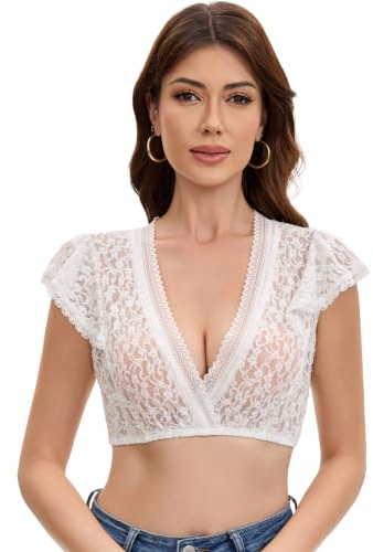 Trachtland Blusa Dirndl para Mujer con Manga de ala, Estilo Tradicional Oktoberfest Elegante, con Escote en V y Encaje Blanco Talla 34-44