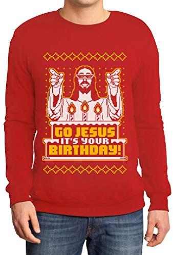 Shirtgeil Maglione Brutto di Natale per Lui - Go Jesus It's Your Birthday Felpa da Uomo Medium Rosso