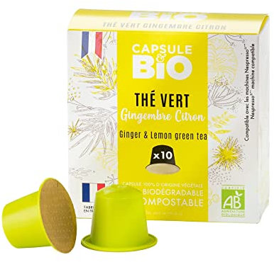 CAPSUL&BIO Thé Vert Gingembre Citron BIO - Compatible avec les machines à Capsules Nespresso - 10 Capsules Biodégradables, 100% Végétales - Fabriqué en France