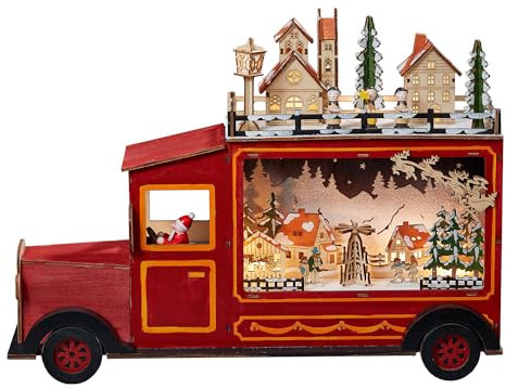 hellum LED-Lastwagen m. Winterszene/Stadt 15 BS warmweiß innen LED Lastwagen, rot, mit Weihnachtsmann und zweistöckiger Stadt Winterszene, mit 6h-Timer, warmweiß,