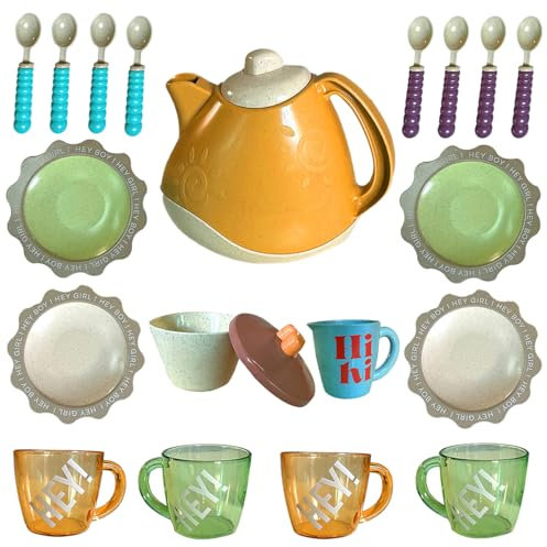 Koolbitz Colorful Tea Party Set Including Teapot, Saucers, Cups and Plates Washable Dishes Made of Safe Material For Children, Learning Toy Indoor And Outdoor Activity