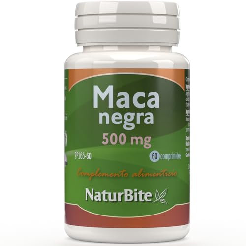 Maca Negra 500mg, 60 comprimidos, NaturBite. Extracto de raíz de maca negra de alta concentración, soporta mayor resistencia y aporta energía.