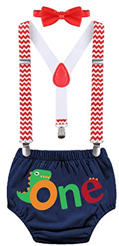 MYRISAM Dinosaurie tårta smash outfit baby pojkar födelsedag foto rekvisita ONE Bloomers hängslen fluga baby shower kostym, 001 Marinblå, en storlek