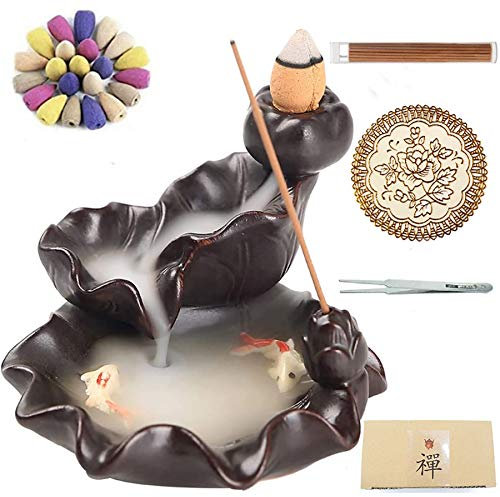 Bruciatore di incenso a flusso inverso, in ceramica, per aromaterapia, decorazione per la casa, con 30 coni di riflusso + 50 bastoncini