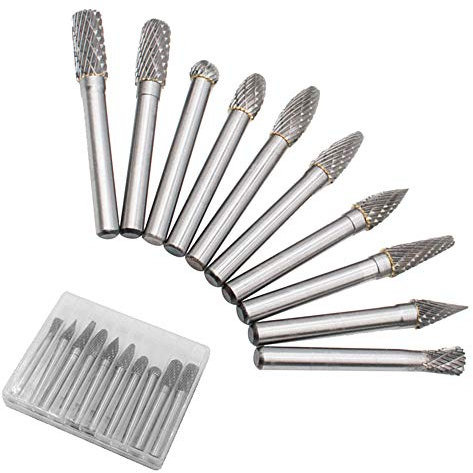 Bestgle 10 Pcs Carbide Rotary Burrs Set – Tungsten Steel Double Cut Die Grinder Bits, 6mm Shank Rotary Tool Drill Bits for Carving, Engraving, Polishing, Metal, Wood, Stone & Glass