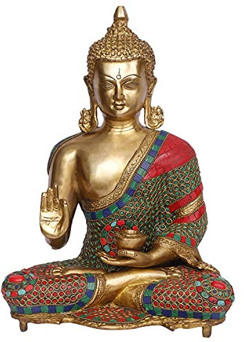 Artvarko 40,6 cm große Buddha-Statue, handgefertigt, sitzend, Segen, Buddhismus, Idol, Messing, Türkis, Steinwerk