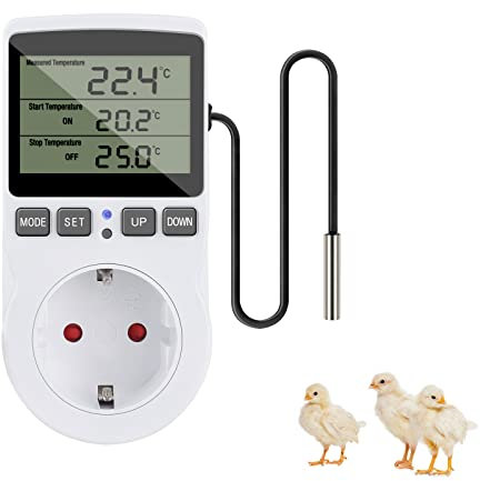Jooheli Termostato Digital, Enchufe de 230V 16A con Sensor, Temporizador Día y Noche para Invernadero, Calefacción, Refrigeración, Interruptor de Temperatura para Terrario