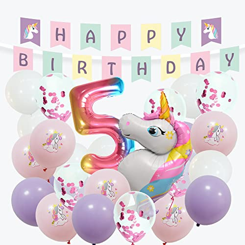 envami® Einhorn Deko 5 Geburtstag I 32 Stk. - Luftballon Helium - Deko 5 Geburtstag Mädchen - Luftballon 5 - Geburtstagsdeko 5 Mädchen - Einhorn Kindergeburtstag - Folienballon 5