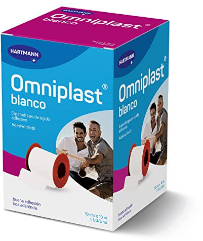 Omniplast, Esparadrapo de Tela Resistente, Pre-Tape para la Sujeción de Apósitos y Vendajes, Espadrapo Hipoalargénico y Resistente al Agua, Cinta Quirurgica, Tela Color Blanca (10cm 10m)
