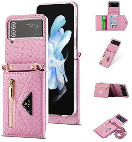 ESONG Fodral för Samsung Galaxy Z Flip 4 5G,högklassigt läder flip plånbok telefonfodral med magnetiskt och ställ,crossbody mobilfodral med 3 korthållare-Rosa