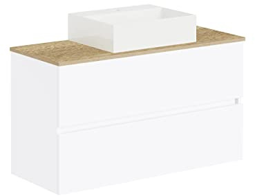 Baikal Conjunto de baño Natura. Mueble de Baño de Fondo Reducido, con Lavabo cerámico sobre Encimera. Mueble Suspendido. Mueble MONTADO. Dos Cajones sin Espejo 90 cm Fondo de 39cm