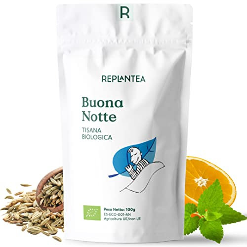TISANA PER DORMIRE Buona Notte 100% BIO 100g (+50 Tazze) | Tisana Rilassante per Dormire con Melissa, Finocchio, Anice e Arancia REPLANTEA®