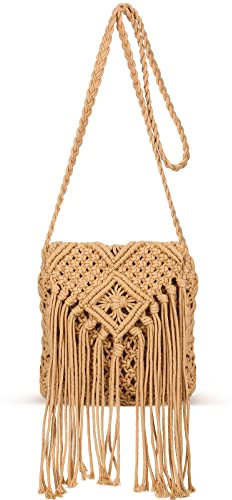 Photect Geflochtene Umhängetasche mit Fransen Strohtasche mit Quaste Gewebte Stroh Handtasche Boho Gehäkelte Handgefertigte Stroh Schultertasche mit Reißverschluss für Frauen ﻿