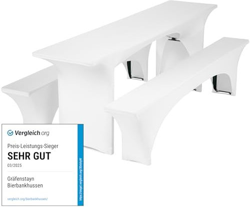 Gräfenstayn® 5er Set Leopold Stretch - Biertischhussen-Set 3 TLG für Bierzeltgarnitur - 50cm oder 70cm Tischbreite - mit Öko-Tex Siegel Standard 100 : Geprüftes Vertrauen (Weiß, 50x220cm)