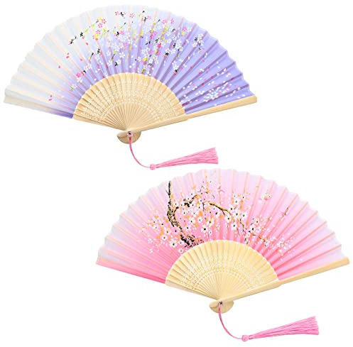 Hileyu Handfächer Falten 2Pcs Chinesisch Seide Stoff Handfächer mit Quaste für Frauen Männer Klassische Bambus Handfächer für Hochzeit Party Geschenke Tanz Chinesisch Dekorationen (Rosa und lila)