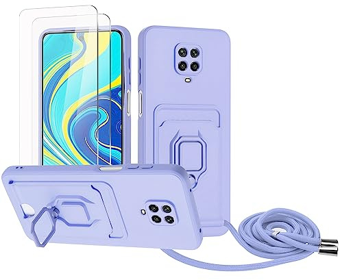Zallagre Funda con Cuerda Compatible con Redmi Note 9 Pro/Note 9S,[2 Packs Cristal Templado],Ranura para Tarjetas,Cubierta de Cámara Deslizante Proteger,360 Anillo Soporte-Morado