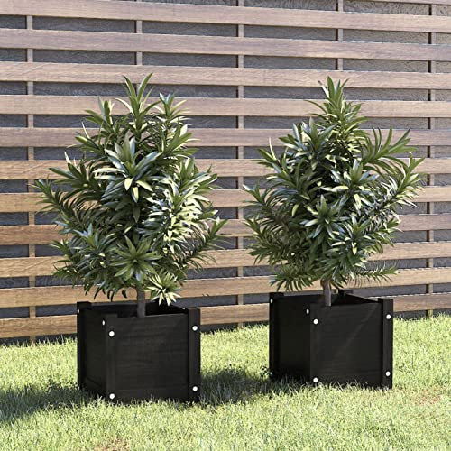 CIADAZ Pflanzkübel 2 STK Pflanzkasten, Pflanzgefäße Für Draussen, Blumenkübel, Blumenkasten, Outdoor, Schwarz 31x31x31 cm Massivholz Kiefer