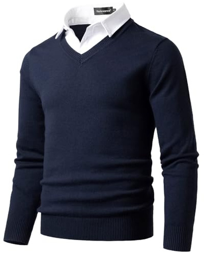 Harbrosrce Men's Mock Shirt Collar Jumper V-Neck Sweater Long Sleeves Knitted Pullover Casual Business Basic Knitwear
