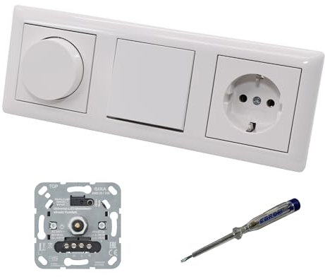 GIRA 245500 LED Drehdimmer Dimmer + Dimmerscheibe Zentralscheibe 065003 + Kreuzschalter 010700 + Steckdose 418803 System55 reinweiß glänzend + EBROM Phasenprüfer zur Montage der Geräte